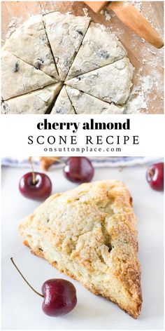 cherry almond scones on a cutting board with cherries in the background and text overlay that reads cherry almond scones