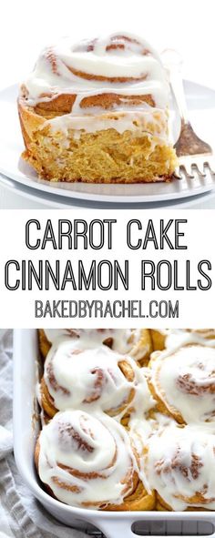 carrot cake cinnamon rolls with icing in a baking dish and on a white plate