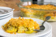 a white plate topped with a casserole covered in toppings and a fork