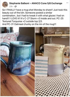 two photos one has a blue mug and the other is a white cup with frosting on it