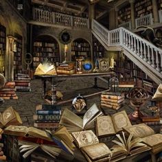 an image of a room with many books on the floor and stairs leading up to it