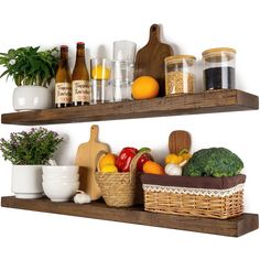 two wooden shelves filled with different types of food