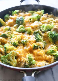 broccoli and chicken casserole in a skillet on the stove top