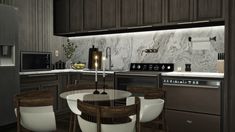 a modern kitchen with marble counter tops and dark wood cabinets, along with white chairs