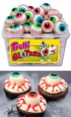 there are three cupcakes with fake eyes in the box and one is chocolate