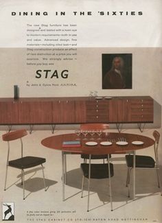 an advertisement for stag dining in the sixties, with chairs and a round table