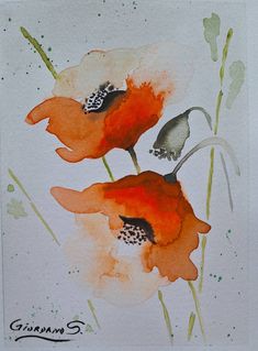 watercolor painting of two orange flowers on white paper with green leaves and speckles