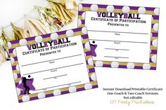 two purple and gold volleyball certificates with white polka dots on the border, one is for each player