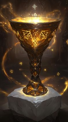 a golden goblet sitting on top of a white pedestal