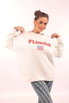 Florida Sweatshirt – 9Teen Boutique White Long Sleeve Sweater For College, White Long Sleeve College Sweater, White Fleece Sweatshirt For Spring, White Fleece Top For Fall, White Cotton College Sweater, White Fleece Top For College, White Fleece Tops For College, College Long Sleeve Fleece Sweater, Long Sleeve Fleece Sweater For College