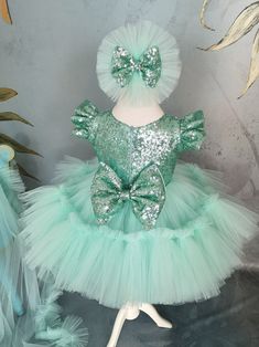 Mint Green Baby Girl Dress & Detachable Train Custom Kids | Etsy Turkey Fitted Green Ball Gown For Dress-up, Fitted Green Gown For Dress-up Occasions, Green Princess Dress With Bow, Green Princess Style Pageant Dress, Green Ruffled Dress For Baptism, Green Tulle Pageant Dress For Party, Fitted Dresses With Detachable Train For Pageant, Princess Green Dress For Baptism, Green Princess Pageant Dress For Party