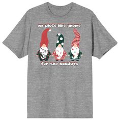 Elevate your festive attire with this unisex adult gray heather Christmas Critters crew neck short sleeve t-shirt. Featuring three cheerful gnomes amidst white letters spelling "No Place Like Gnome For The Holidays," this shirt exudes holiday cheer. Its blend of cotton and polyester offers comfort and durability for your seasonal celebrations. No Place Like Gnome, Christmas Critters, Gnome For The Holidays, Festive Attire, Sleeve Packaging, Holiday Wardrobe, Seasonal Celebration, White Letters, Festival Wear