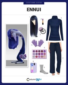 the costume guide for an anime character is shown in blue and purple tones, including long hair