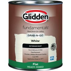 a can of white paint with the words, glidden fundamentals grab - n - go