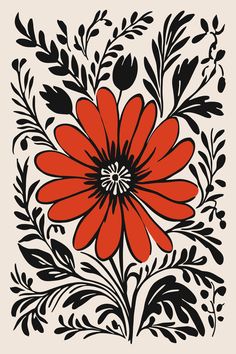 a red flower with black leaves on a white background in the style of folk art