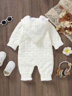 Baby Boy Button Front Thermal Knit Hooded Jumpsuit | SHEIN USA Hooded Jumpsuit, Baby Boy Sweater, Knit Jumpsuit, Boys Sweaters, Cute Dresses, Onesies, Jumpsuit