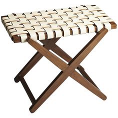 a wooden and white stool with woven seat