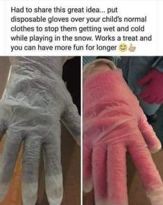 two hands with gloves on, one has pink and the other is white