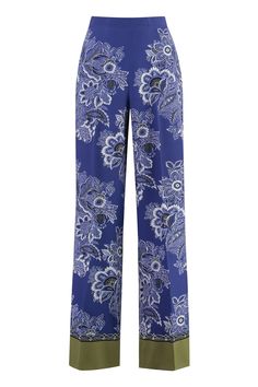 X0883 ETRO PRINTED SILK PANTS Iris White, Italian Textiles, Straight Line, Silk Pants, Bandana Print, Straight Leg Trousers, Printed Silk, Blue Silk, Women's Wardrobe