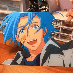 an anime character has blue hair and is looking at the camera