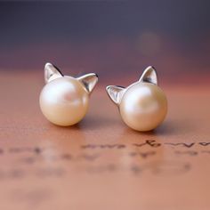 Sweet Pearl Cat Ears S925 Silver Stud Earrings sold by Noirlu on Storenvy Gold Cat Earrings, Sterling Silver Cat, Silver Cat, Online Tutorials, Cat Jewelry, Cat Earrings, Pearl Stud Earrings, Pearl Studs, Crazy Cat