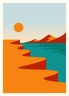 an orange and blue landscape with hills, water and sun in the sky above it