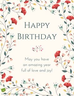 a happy birthday card with flowers and leaves