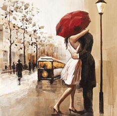 a painting of a couple kissing under an umbrella