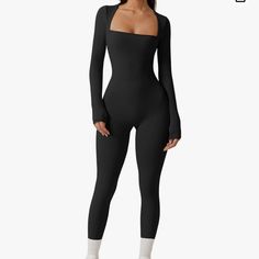 Qinsen Womens Sexy Square Neck Long Sleeve Full Length Leggings Bodycon Stretch Jumpsuit Black Bodycon Bodysuit For Loungewear, Black Long Sleeve High Stretch Unitard, Black High Stretch Long Sleeve Unitard, Black Long Sleeve Unitard For Workout, Black Long Sleeve Stretch Unitard, Black Stretch Long Sleeve Unitard, Fitted Long Sleeve Unitard For Loungewear, Black Long Sleeve Bodycon Bodysuit, Black Long Sleeve Bodysuit For Loungewear