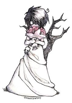 a drawing of a woman in a white dress holding a tree with branches on it