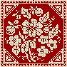 a red and white cross stitch pattern with flowers