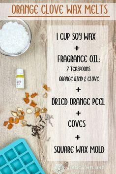 an orange clove wax melts recipe on a wooden table with ingredients to make it