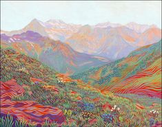 a painting of mountains with flowers in the foreground and grass on the ground below