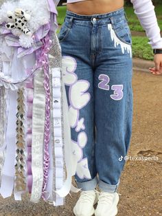 Custom Grad Pants, Hoco Overalls Seniors Purple, Homecoming Jeans Blue And Gold, Graduation Pants Design, Junior Jeans Painted, Custom Grad Jeans, Hoco Spirt Jeans, Senior Pants 2023, Painted Graduation Pants