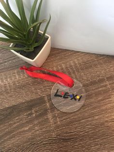 a red lanyard sitting on top of a wooden table next to a potted plant