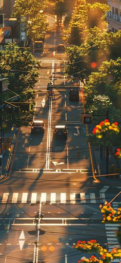 an aerial view of a city street with cars driving down the road and trees on both sides