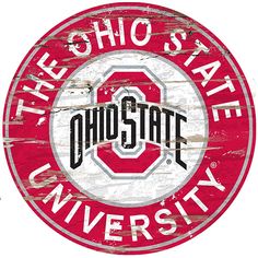 the ohio state university logo is painted on an old wooden sign that says, oho state