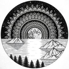 a black and white drawing of mountains, trees, and the moon in a circle