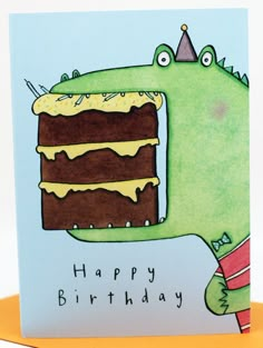 a happy birthday card with a dinosaur holding a cake