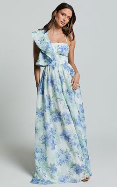 Amalie The Label - Fleur Halter Ruffle Detail A Line Maxi Dress in Elysian Print | Showpo USA A Line Maxi Dress Formal, One-shoulder Ruffled Maxi Dress For Garden Party, One-shoulder Maxi Dress With Ruffles For Garden Party, Garden Party One Shoulder Maxi Dress With Ruffles, Garden Party One-shoulder Maxi Dress With Ruffles, Floral Print Party Dress With Ruffled Straps, Feminine Ruffled Dress For Garden Party, Party Dresses With Floral Print And Ruffled Straps, Floral Ruffled Maxi Dress For Party