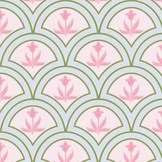 an art deco style wallpaper with pink flowers and green circles on the back ground