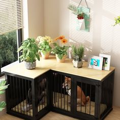 Corner dog crate furniture is designed with iron bars to ensure the animal is safely contained while still allowing them to observe the activity in the household and enabling the owner to monitor the dog's condition. Two door latches prevent dogs from accessing the run and defecating inside it. The black stickers can be used to disguise the screw, creating a more aesthetically pleasing finish. The felt foot pads provide additional friction with the ground, preventing slipping and potential scrat Wooden Dog Cage, Corner Dog Crate, Big Dog Cage, Small Dog Cage, Large Dog Crate Furniture, Heavy Duty Dog Kennel, Double Dog Crate, Wood Dog Crate, Dog Kennel Furniture