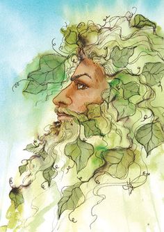 a drawing of a woman with green leaves on her head and hair in the wind