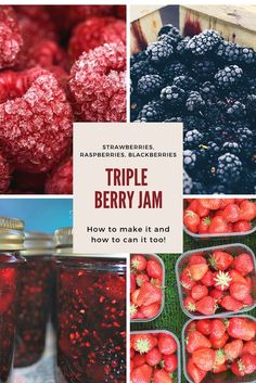 several different pictures with berries in them and the words triple berry jam written below it