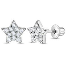 Adorable cubic zirconia cluster star earrings for little girls. Beautifully crafted entirely in 925 sterling silver, these gorgeous star CZ studs will brighten your little one's face! These cute girl's earrings are hypoallergenic and completely safe for children with sensitive ears. The threaded safety backs and posts are ideal to ensure you're little one's earrings stay comfortably and safely in place at all times.  A complimentary gift box is included for easy gift giving! Comedy Photoshoot, Sterling Silver Star Earrings, Bracelet Gift Box, Silver Star Earrings, Drink Photography, Clear Earrings, Kids Earrings, Girls Earrings, Screw Back Earrings