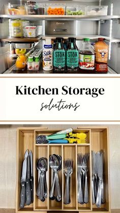 the kitchen storage solution is organized with utensils