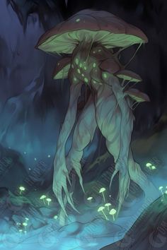 an alien creature with glowing green eyes is standing in the middle of a dark forest