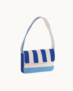 The bag you NEED to elevate any of your outfits! The Springtime: Blue & White Striped Beaded Shoulder Bag is the most chic and fun bag to intermix into your personal style. Handmade with cotton and glass beads. Chic Beaded Shoulder Bag For Vacation, Blue Evening Bags For Summer, Blue Shoulder Bag For Summer Evenings, Blue Shoulder Bag For Summer, Blue Summer Evening Shoulder Bag, Summer Blue Beach Shoulder Bag, Chic Blue Crochet Bag For Summer, Light Blue Beach Shoulder Bag, Blue Embroidered Summer Shoulder Bag