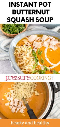 instant pot butternut squash soup recipe in the pressure cooker with text overlay