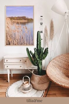 a plant in a basket next to a white dresser and wicker chair on a wooden floor